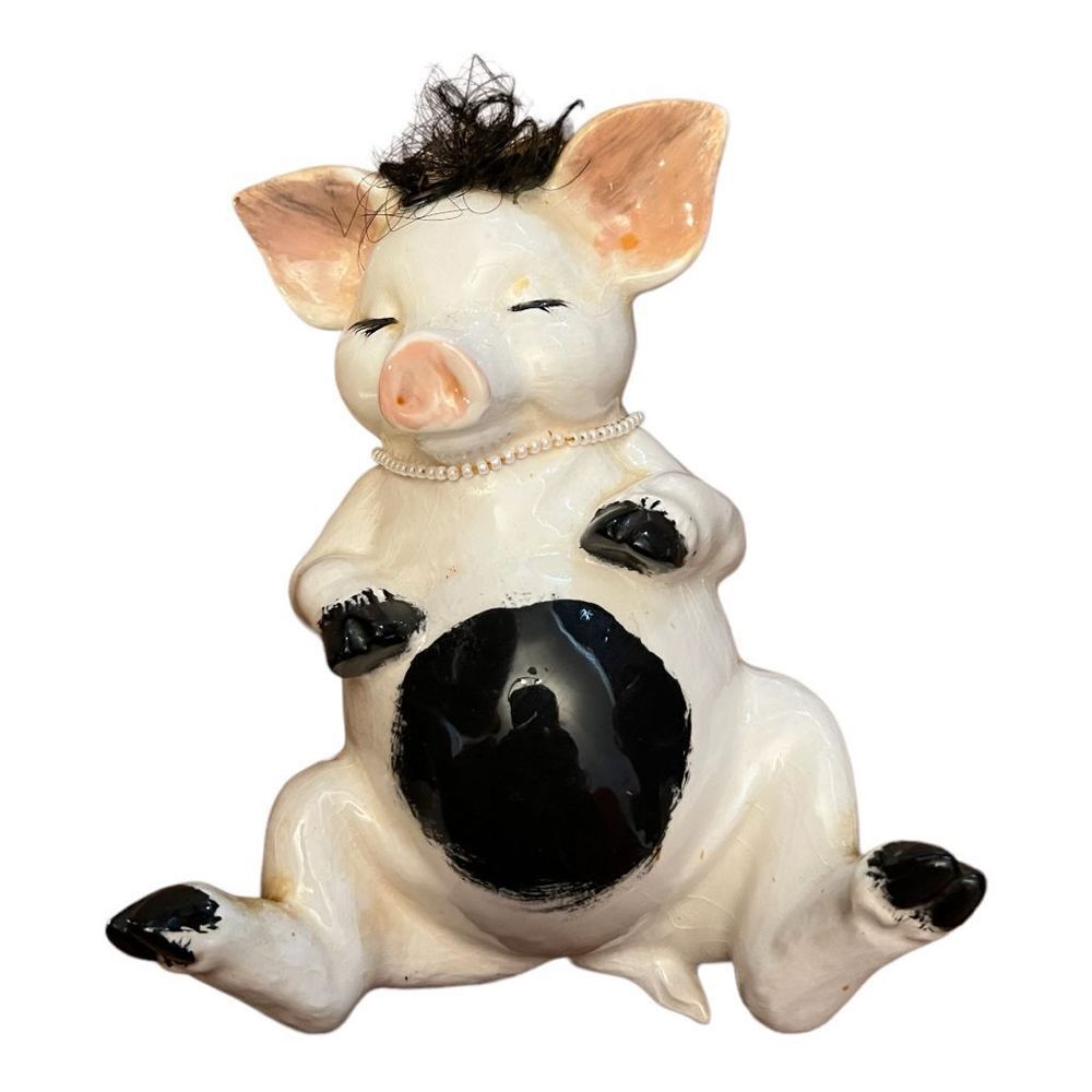 Vintage Sleeping Pig with Necklace & Hair‎ Ceramic Collectible